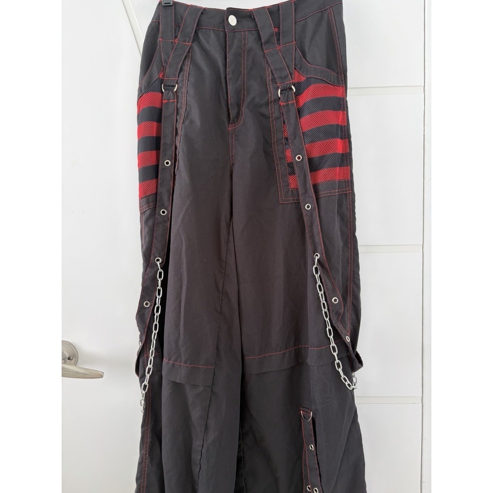 Y2K Cyber Goth Bondage Parachute Pants Black Red Chains Rave Punk Large